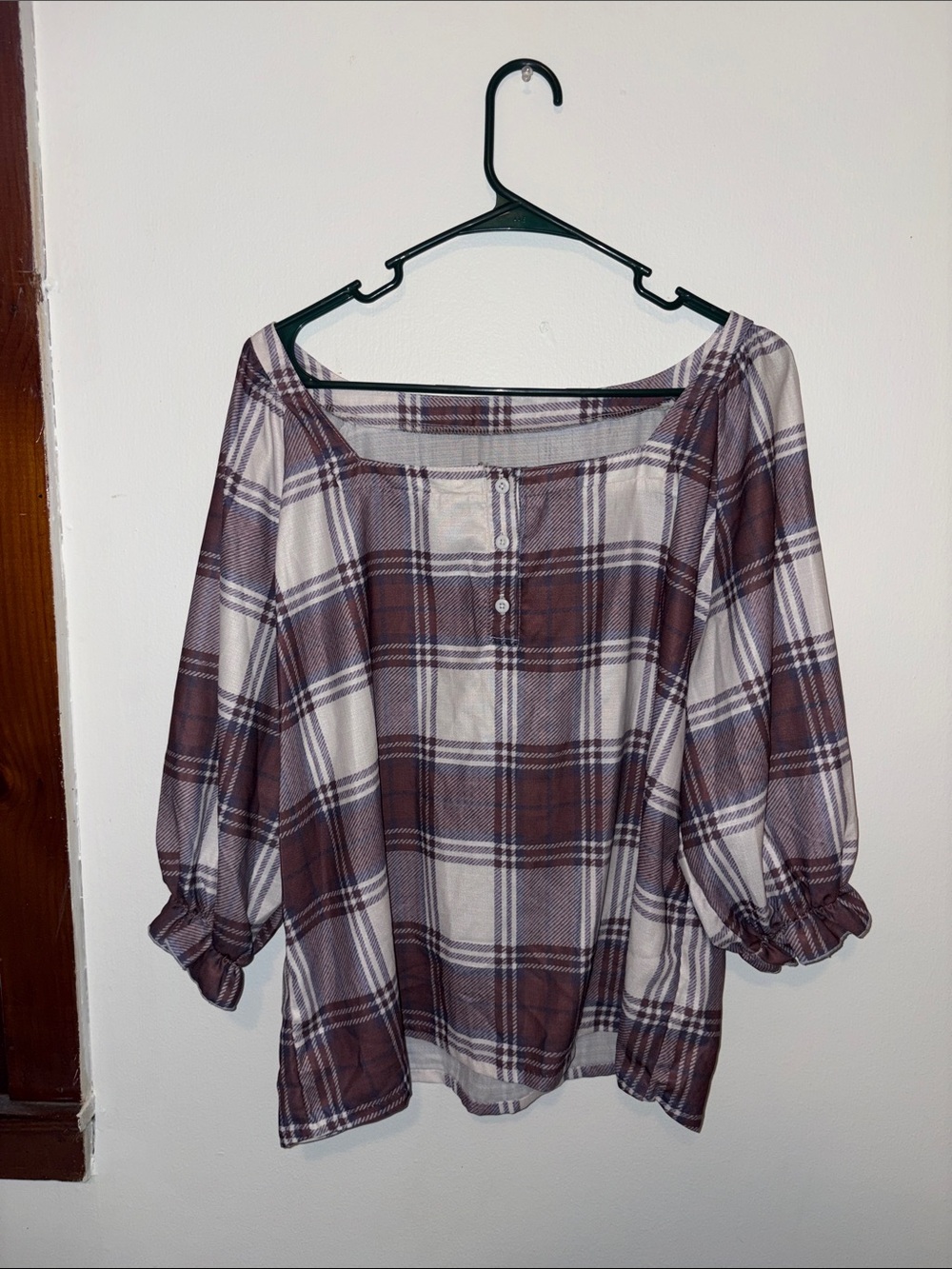 Plaid Peasant Blouse - Brown/Natural